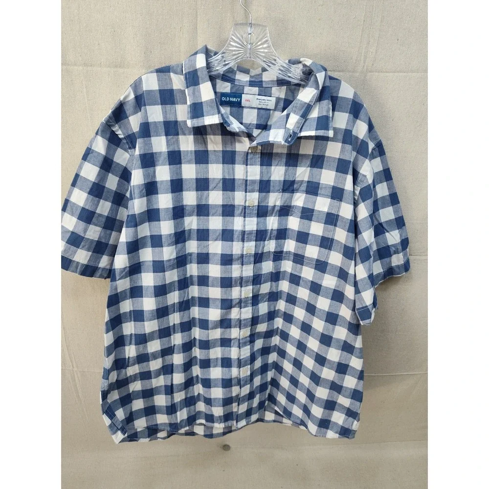 Old Navy Everyday Shirt XXL Blue White Gingham Check Short Sleeve Built-In‎ Flex